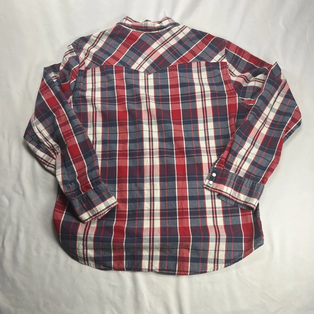 Levi's Western Pearl Snap Shirt XXL Red‎ Blue Plaid Long Sleeve Cotton Yoke